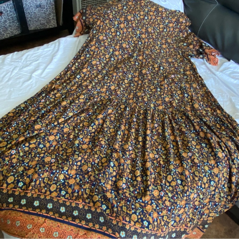 Cottagecore Black Orange Ditsy Floral Pleated Maxi Dress Tall Plus Size 26/28 - Picture 16 of 17